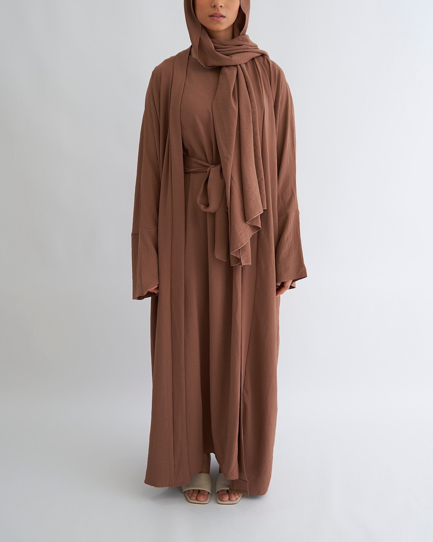 3PCS Crinkle Abaya Set - Coffee